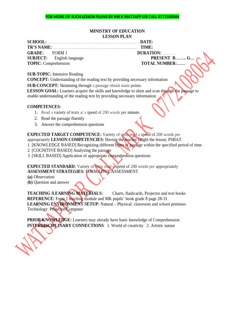 English Comprehension Lesson Plan | PDF | Reading Comprehension ...