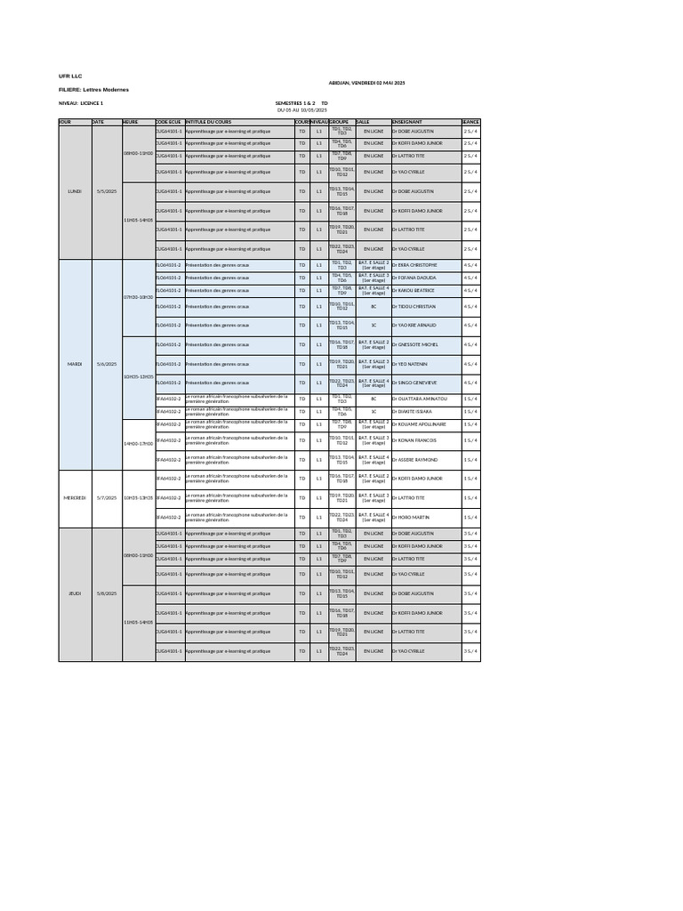 Emploi du temps L1 Lettres Modernes | PDF | Formation à distance