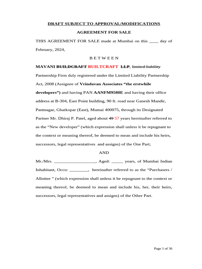 Draft of Agreement For Sale - Mavani Builtcraft .Docx Edit | PDF ...