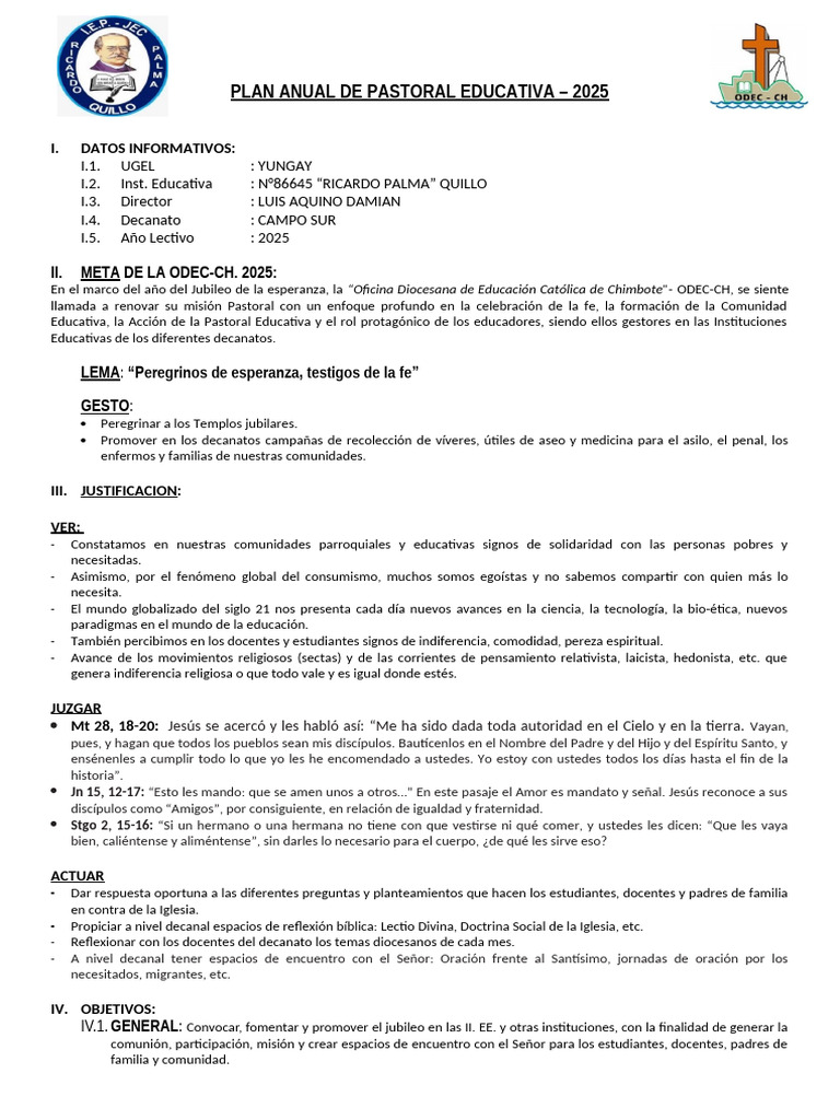 Plan Anual de Pastoral Educativa | PDF | eucaristía