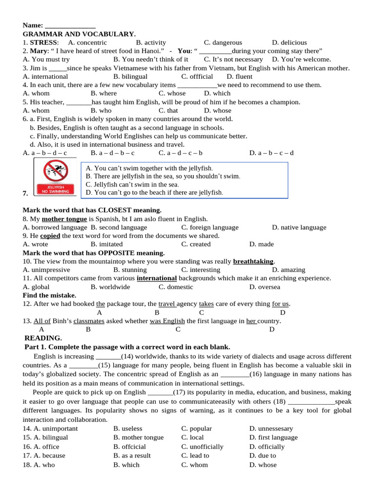Grammar and Vocabulary Practice Test | PDF | English Language | Human ...