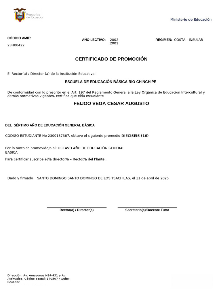 Certificado de Promoción Escolar 2023 | PDF