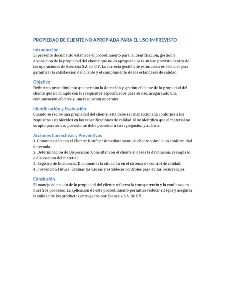 Propiedad Cliente No Apropiada 10375 | PDF