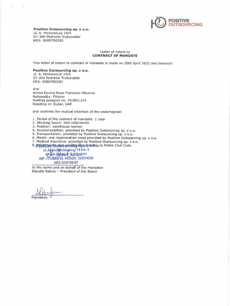Positive Outsourcing Contract of Mandate | PDF