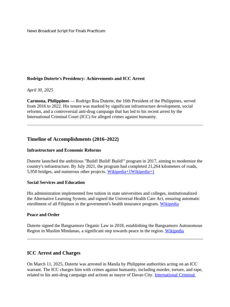 Duterte's Presidency: Achievements & ICC Arrest | PDF | Volcano ...