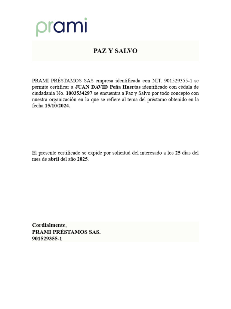Certificado de Paz y Salvo - Juan David Peña | PDF