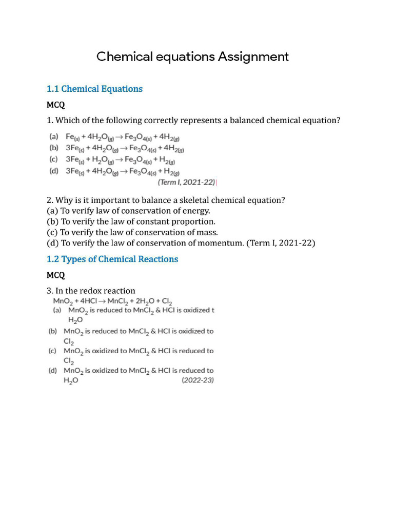 Ch-1 Chemical Equations Assignment | PDF