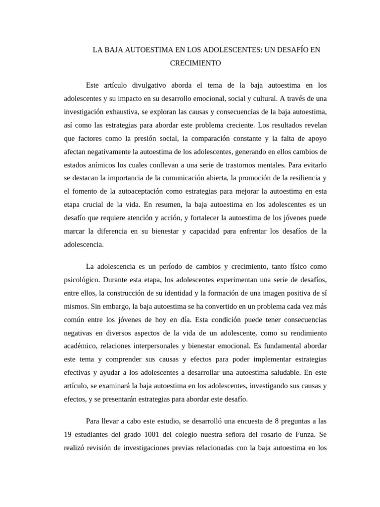 Baja autoestima en adolescentes: causas y efectos | PDF | Autoestima ...
