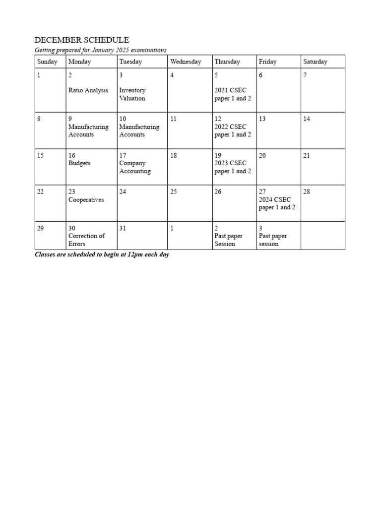 December Exam Prep Schedule 2025 | PDF