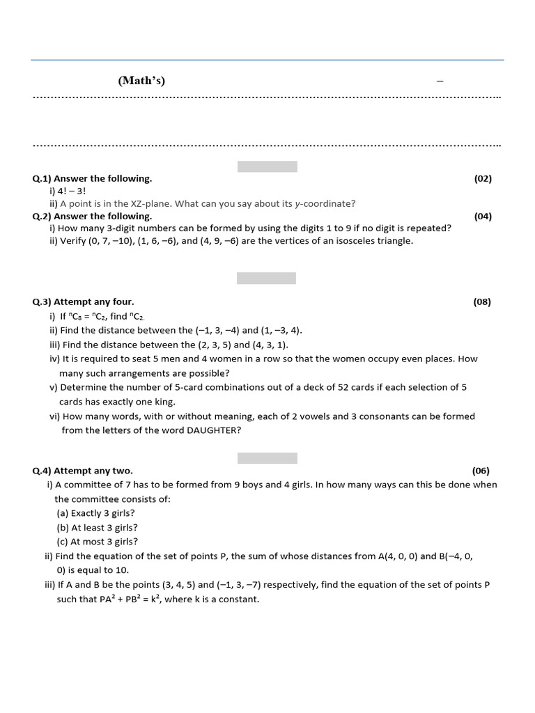 Class 11 Maths Unit Test II Paper | PDF