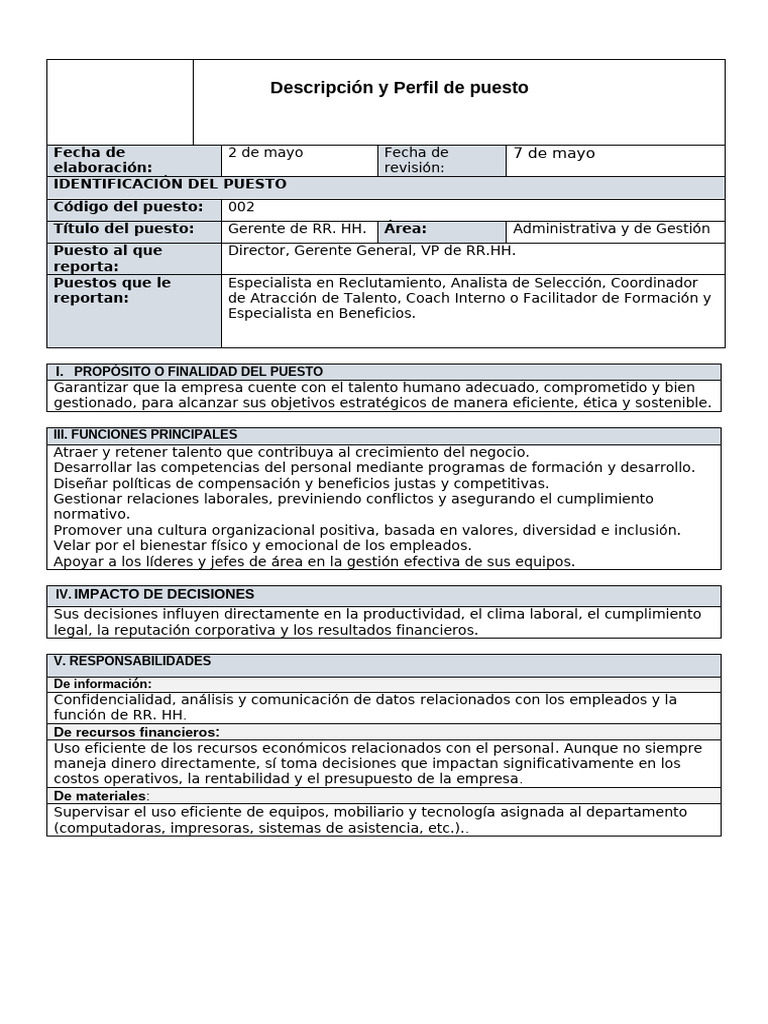 Formato de Descripción y Perfil de Puesto Compartir | PDF | Business ...