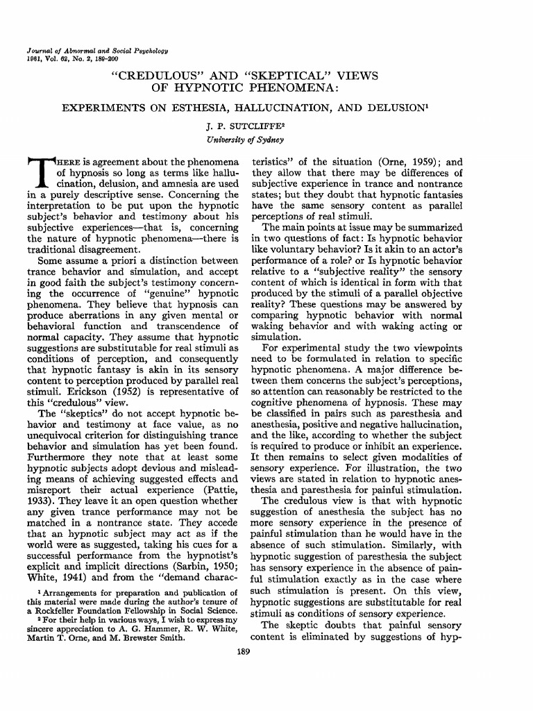 Hypnosis: Credulous vs. Skeptical Views | PDF | Hypnosis | Experiment