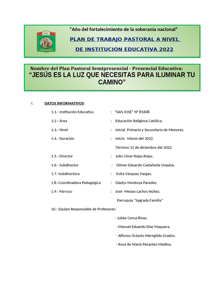 Plan Pastoral Educativa 2022 "San José" | PDF | Fe | Oración
