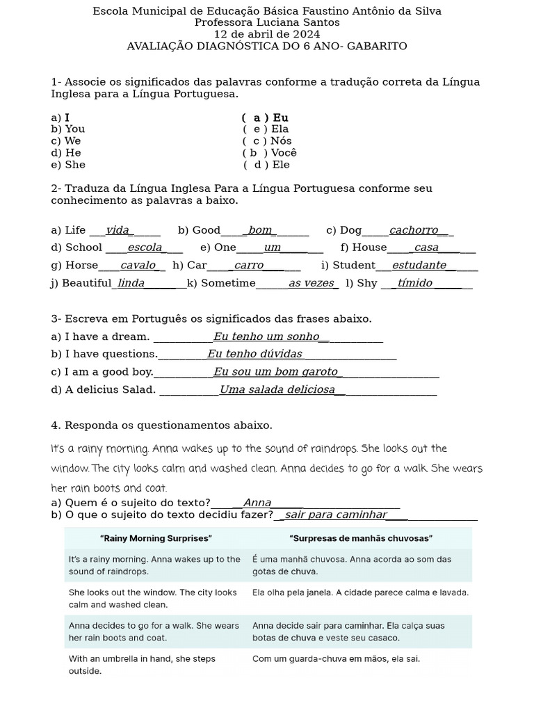 Atividades de Inglês 6º Ano com Gabarito | PDF
