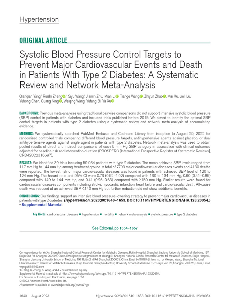 Systolic Blood Pressure Control Targets To Prevent Major Cardiovascular ...