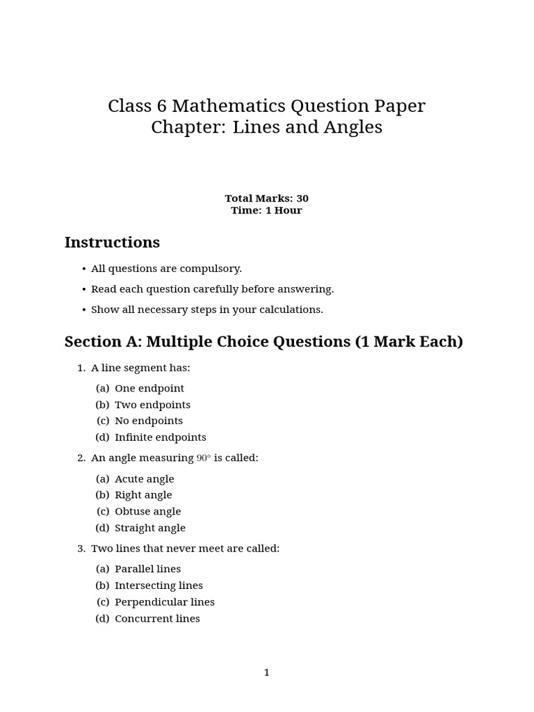 Class 6 Lines and Angles Question Paper | PDF