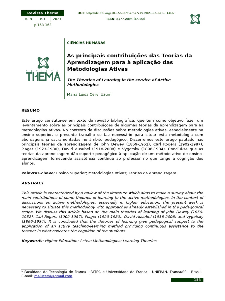 Teorias da Aprendizagem e Metodologias Ativas | PDF | Aprendizado ...