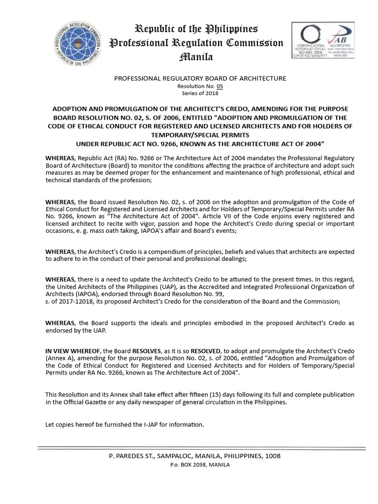 Adoption of Architect's Credo 2018 | PDF