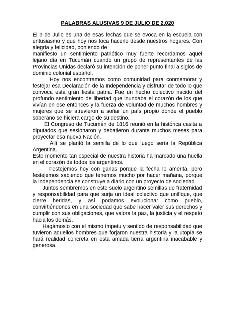PALABRAS ALUSIVAS 9 DE JULIO 2020 | PDF