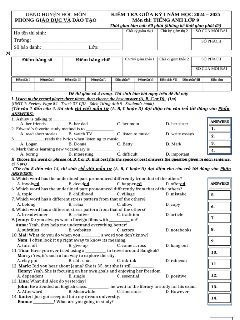 English Test for 9th Grade Students | PDF | Linguistics