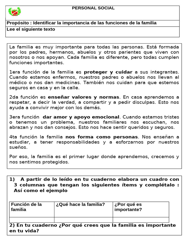 Ficha Funciones de La Familia | PDF