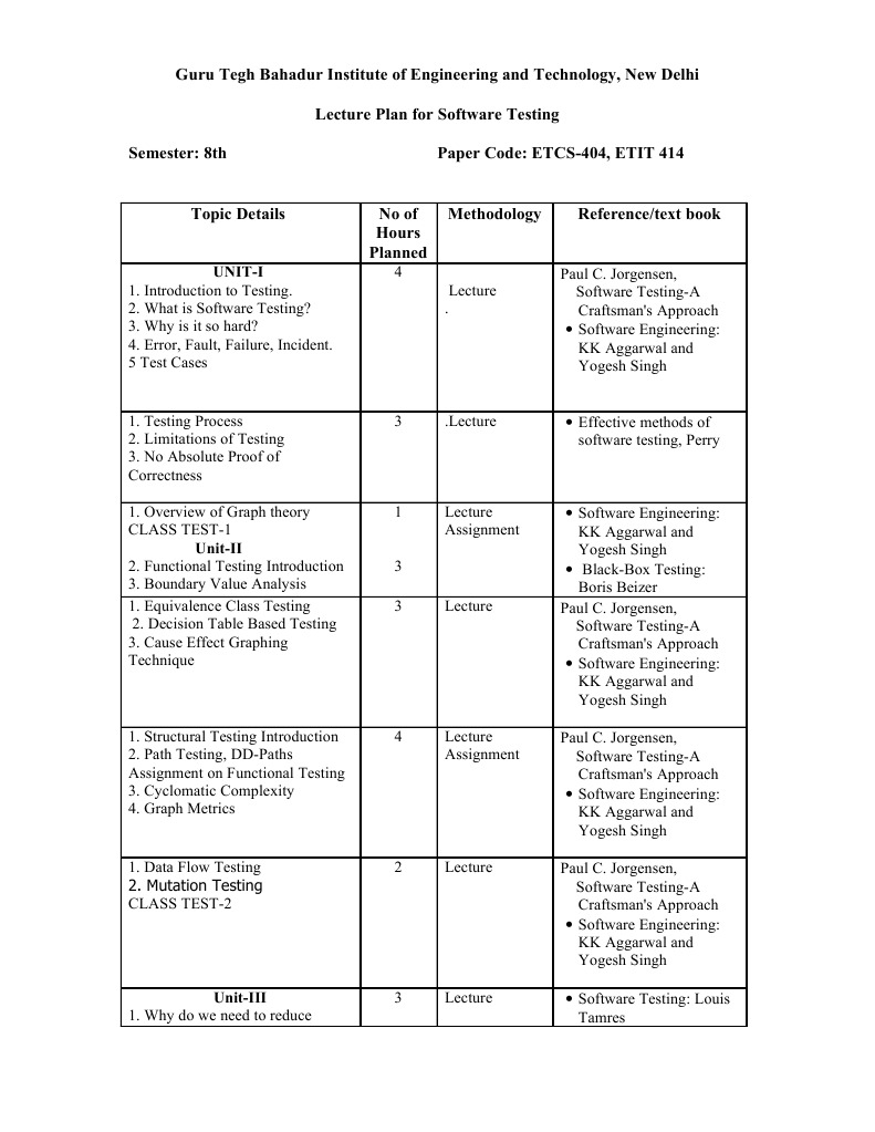 Software Testing Lecture Plan | PDF