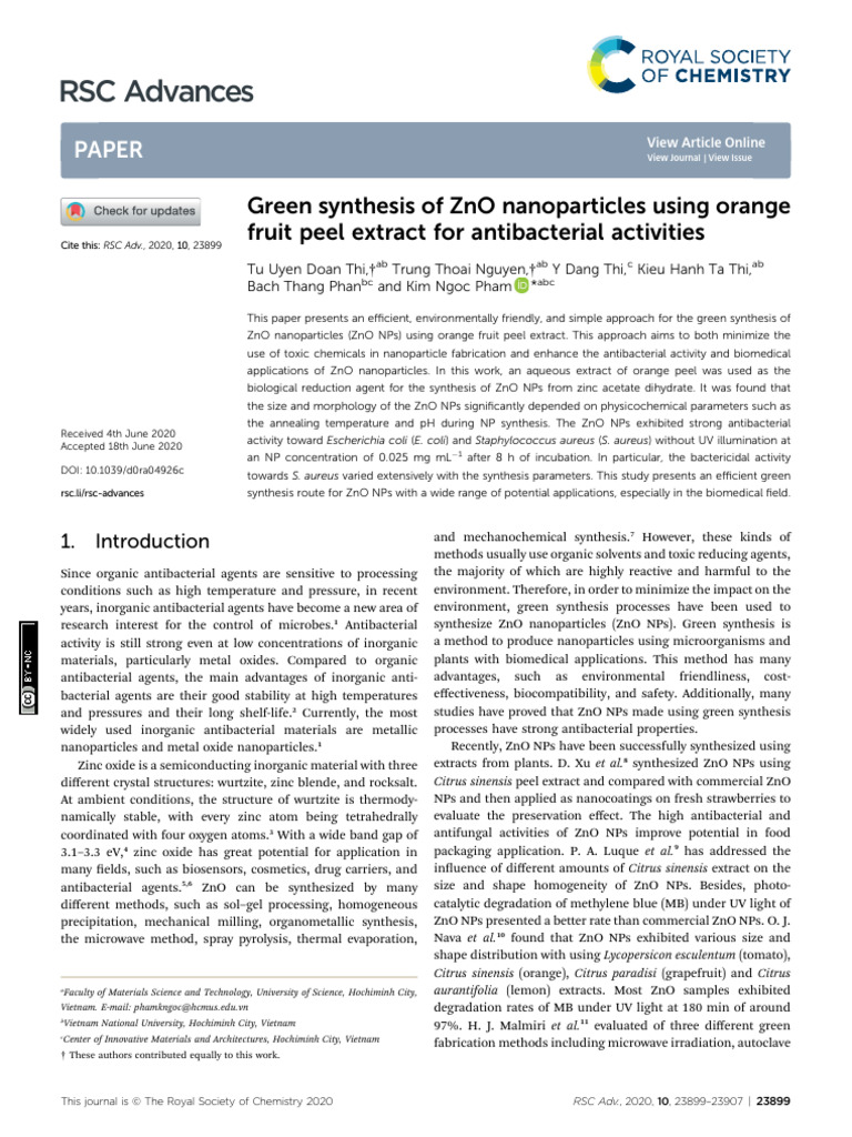 Green Synthesis of ZnO Nanoparticles | PDF | Zinc Oxide | Nanoparticle