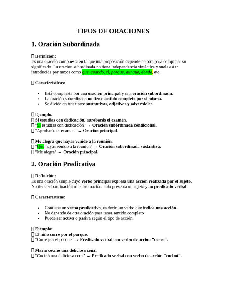 Tipos de Oraciones y Ejemplos | PDF | Oración (Lingüística) | Verbo