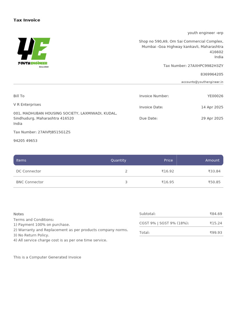 Tax Invoice for Youth Engineer Services | PDF
