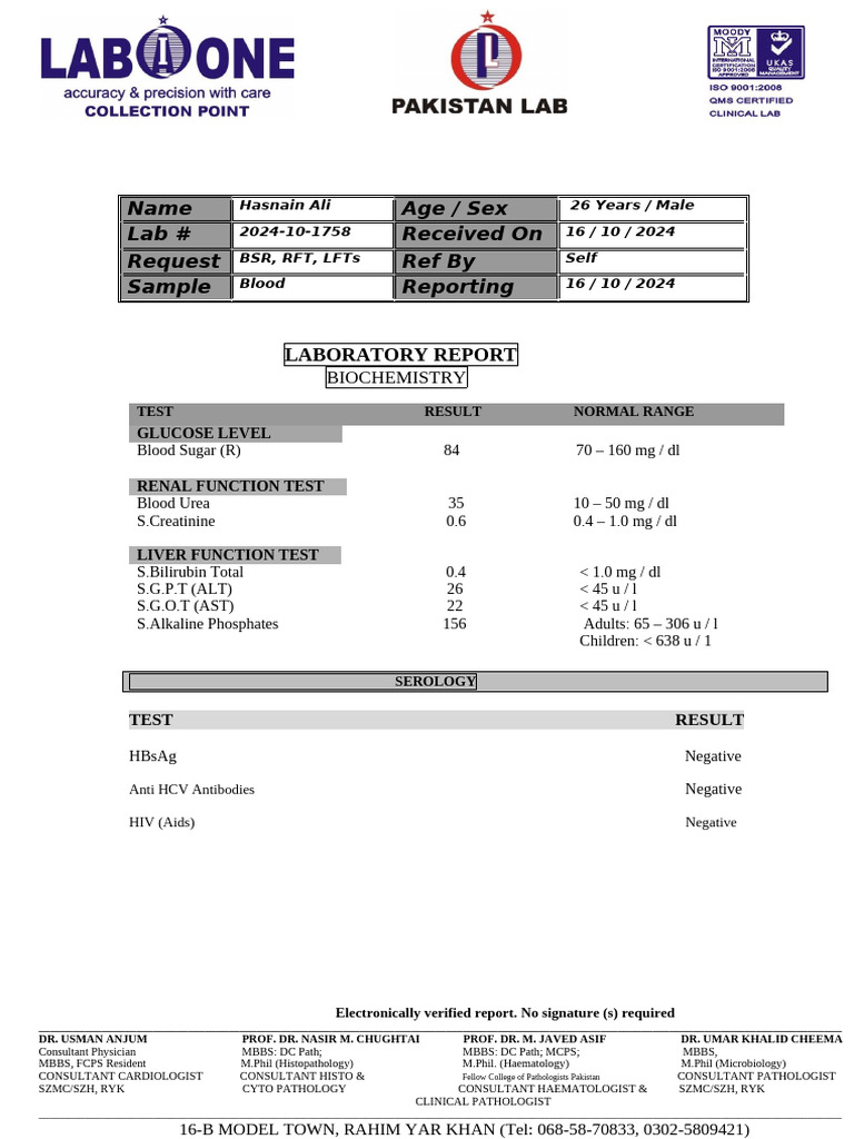 Hasnain Ali LFT RFT BSR BC | PDF | Medical Specialties | Clinical Medicine