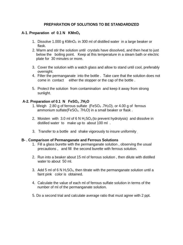 Standardizing KMnO4 and FeSO4 Solutions | PDF | Chemistry | Chemical ...