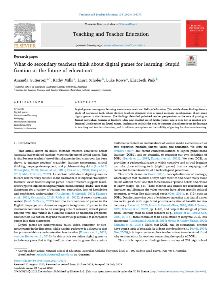 What Do Secondary Teachers Think About Digital Games For Learning | PDF ...