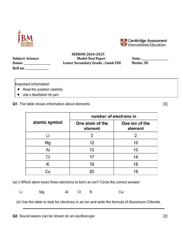 Science Model Test Paper 2024-2025 | PDF | Atoms | Gases