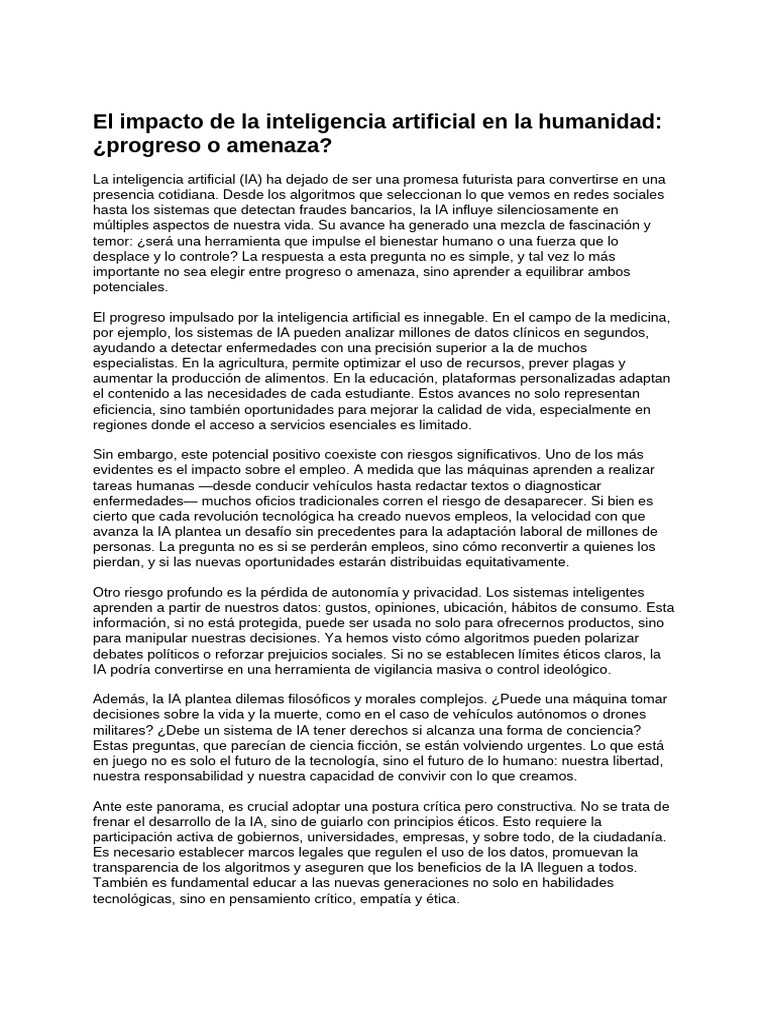 El Impacto de La Inteligencia Artificial en La Humanidad - ¿Progreso o ...