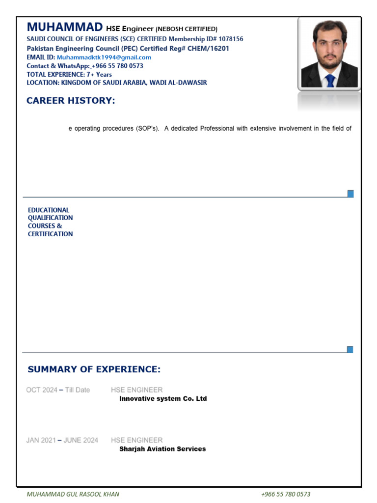 HSE Engineer Profile: Muhammad Gul Rasool Khan | PDF | Occupational ...