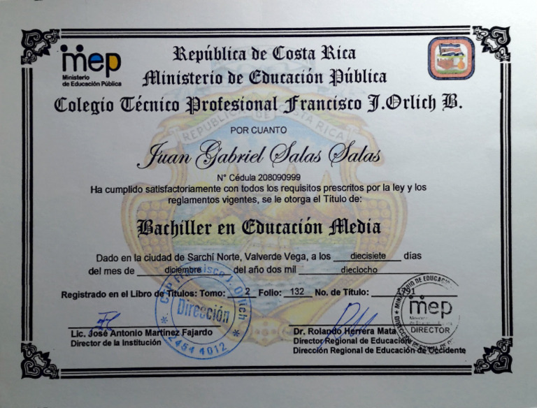 Certificado Bachiller en Educación Media | PDF