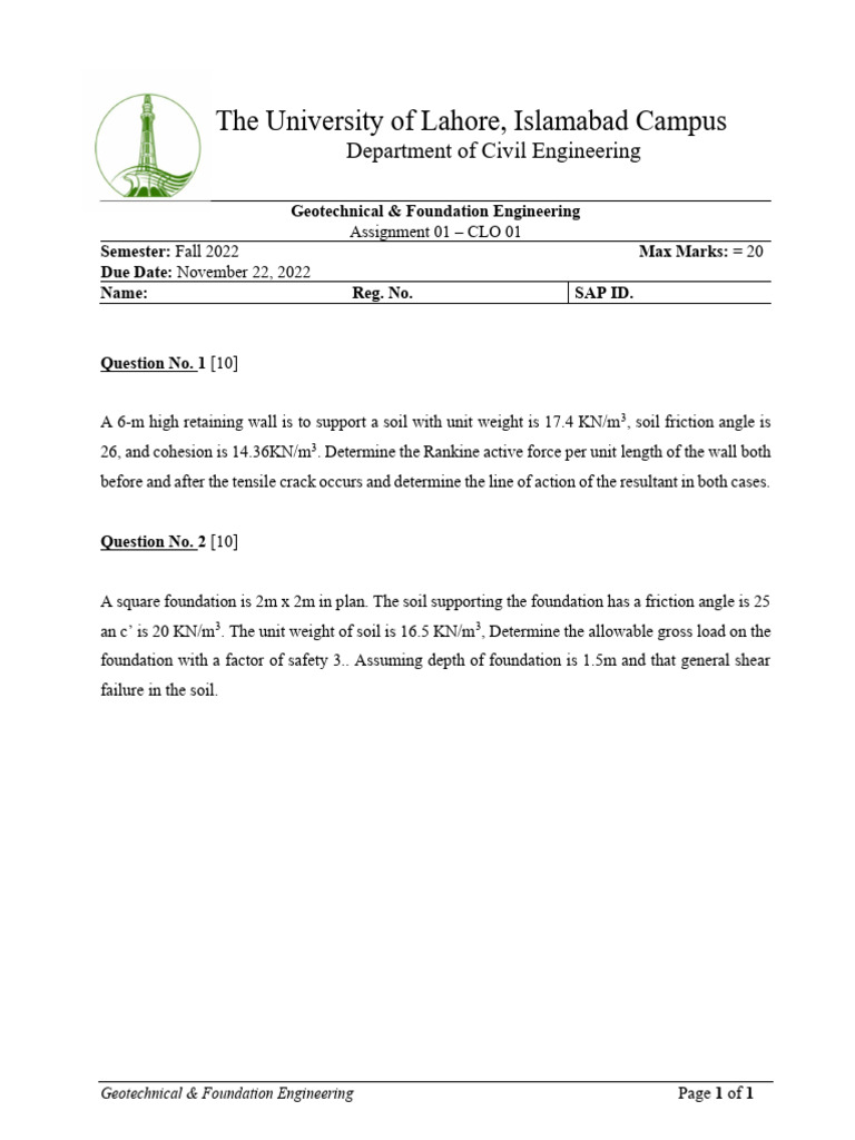 Geotechnical Engineering Assignment Fall 2022 | PDF
