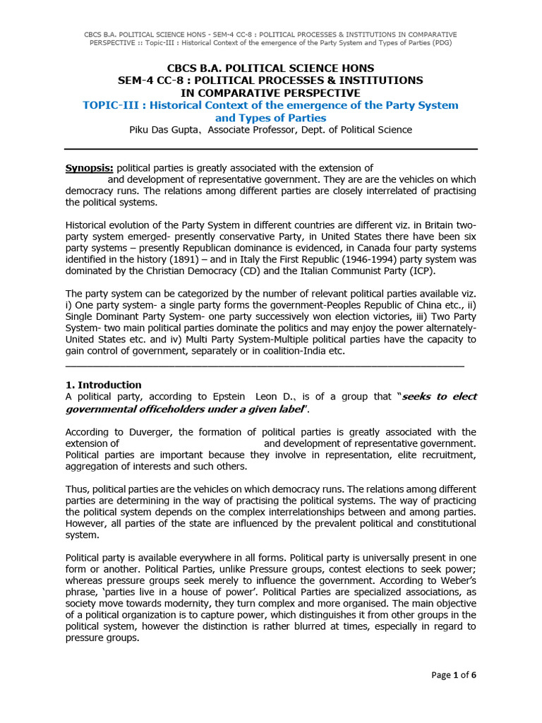 113941POL SC HONS-SEM-4 CC8 - TOPIC 3 - Party Systems - Historical ...
