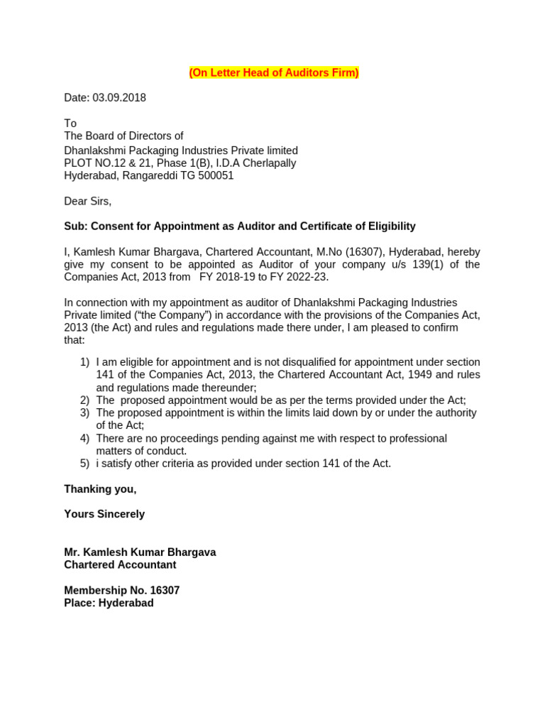 Auditor Consent Letter for Appointment | PDF