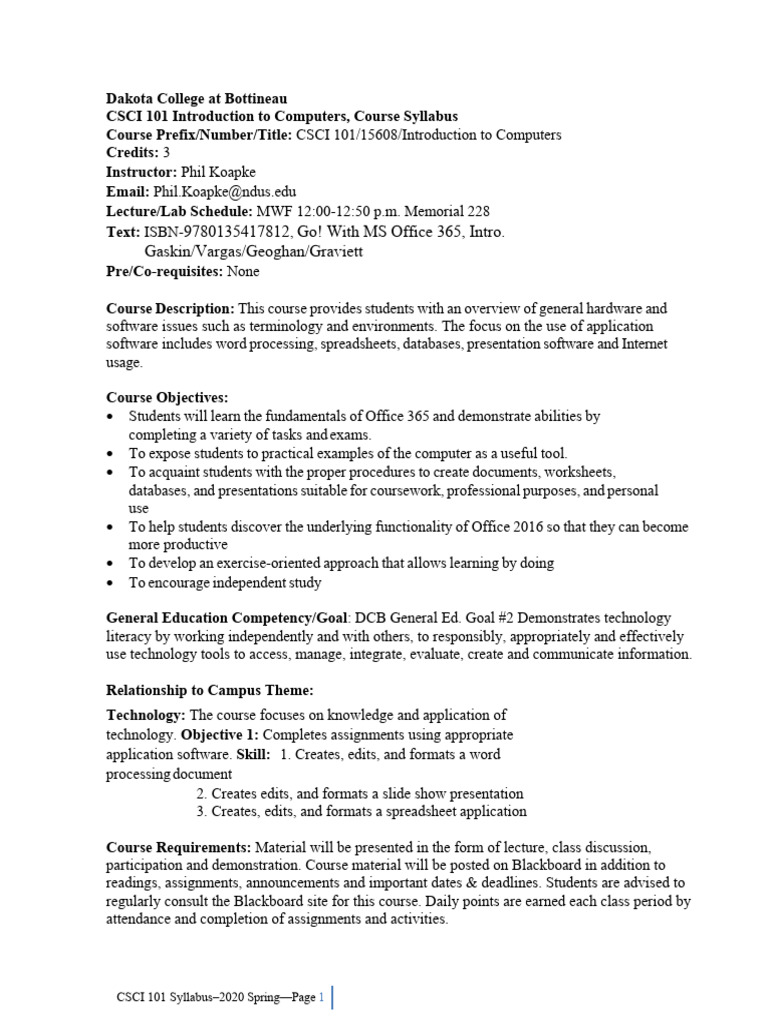 CSCI 101: Intro to Computers Syllabus | PDF | Microsoft Excel ...