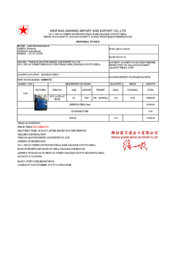 Proforma Invoice for PVC Hose Export | PDF