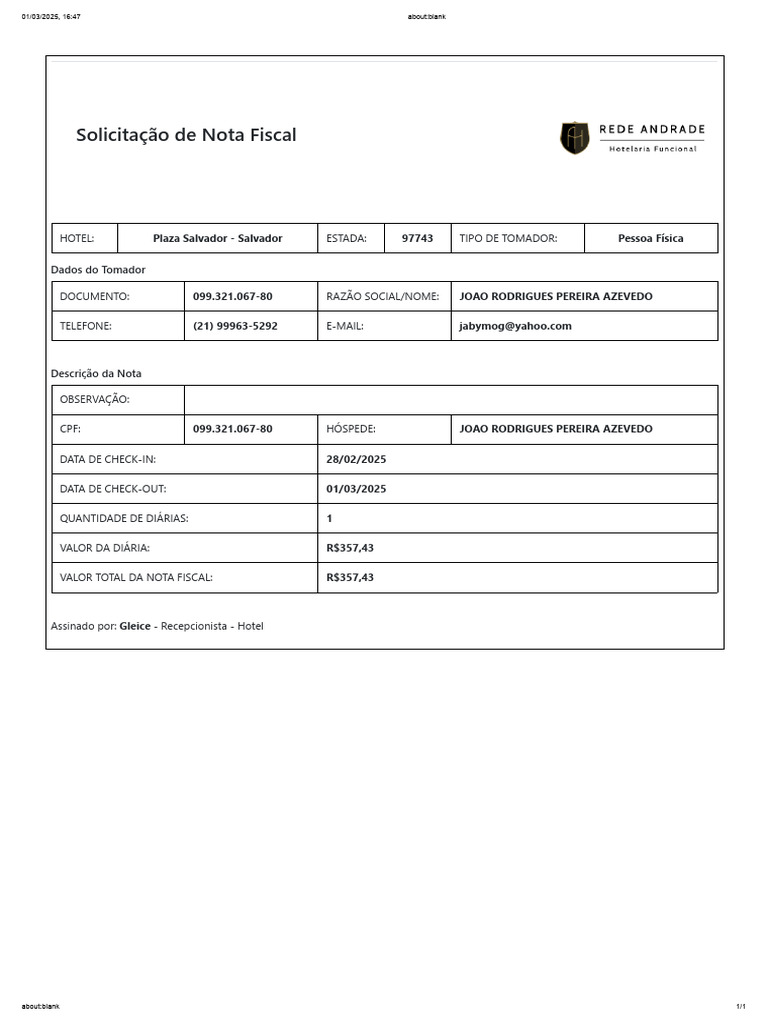 Solicitação de Nota Fiscal - Hotel Plaza | PDF