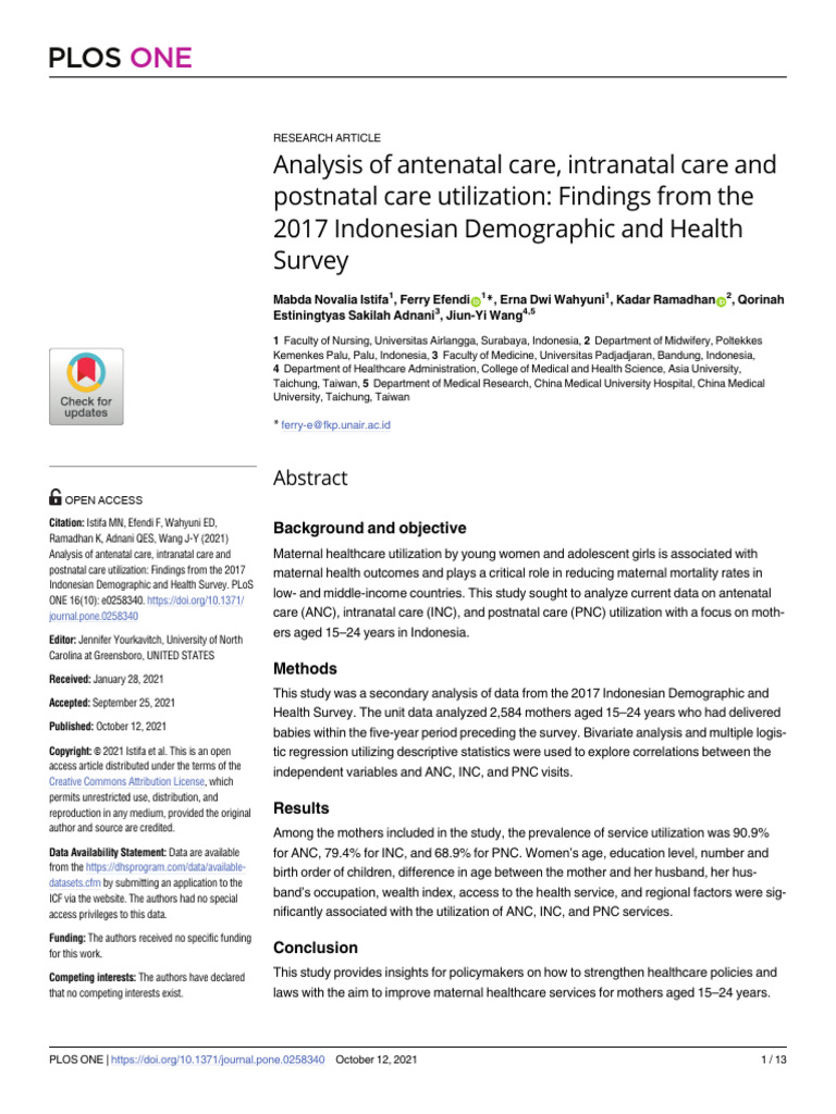 Journal Pone 0258340 | PDF | Maternal Health | Maternal Death