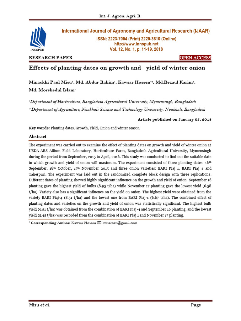 Effects of Planting Dates On Growth and Yield of Winter Onion | PDF ...