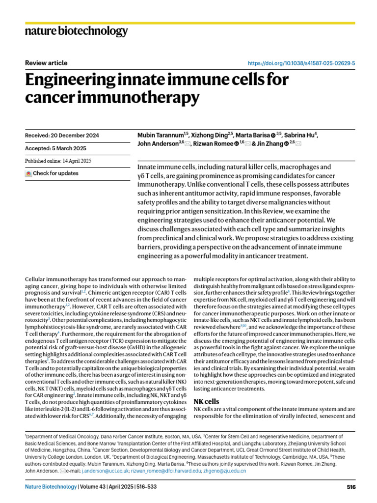 Engineering Innate Immune Cells for Cancer | PDF | Natural Killer Cell ...