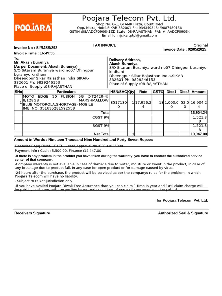 Invoice for Akash Buraniya - Poojara Telecom | PDF | Government ...