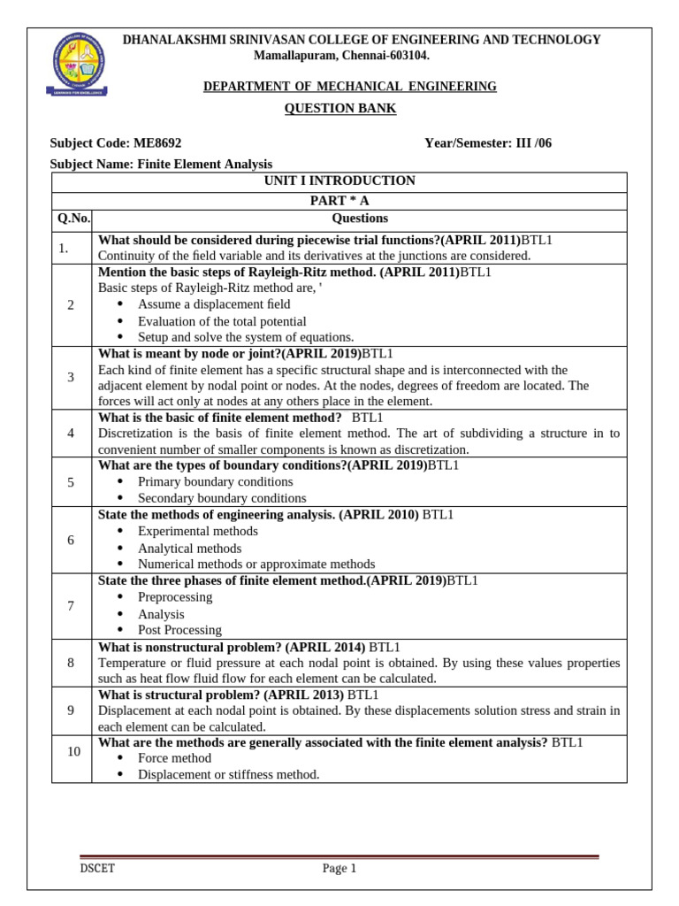 ME8692 Finite Element Analysis Questions | PDF | Finite Element Method ...