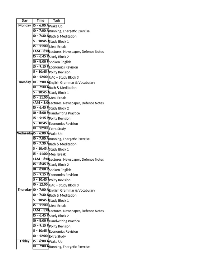 Structured Weekly Study Fitness Plan | PDF | Linguistics