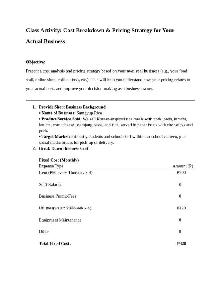 Cost Analysis & Pricing for Samgyup Rice | PDF | Pricing | Business Process