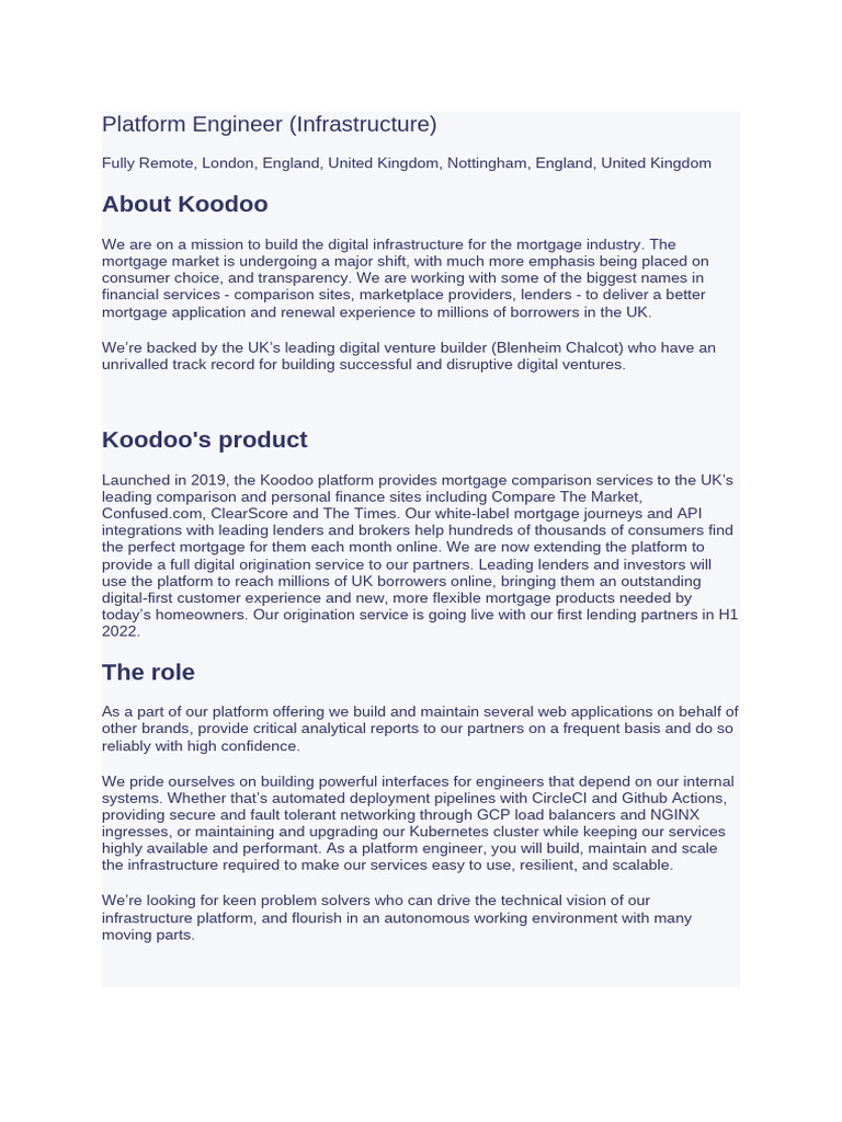 Koodoo Platform Engineer Role Overview | PDF | Mortgages | Cloud Computing